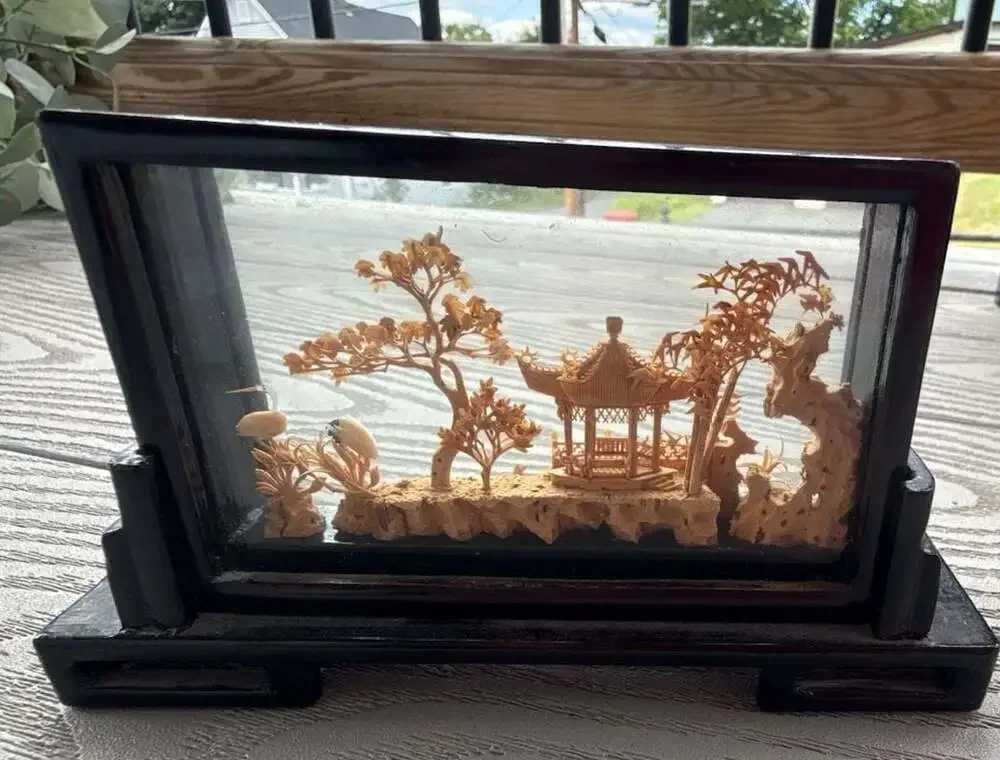 Vintage Chinese Hand Carved Cork Diorama with Pagoda in Black Lacquer Stand